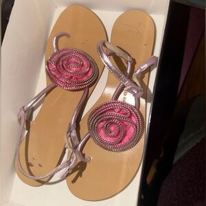 Giuseppe Zanotti Zipper Flower Sandals Pink Leather Strappy Flats 8
